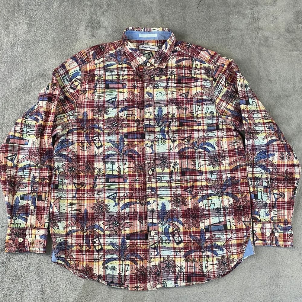 Tommy Bahama Shirt Palm Springs Plaid Button Down Mens L Tropical Beach Resort